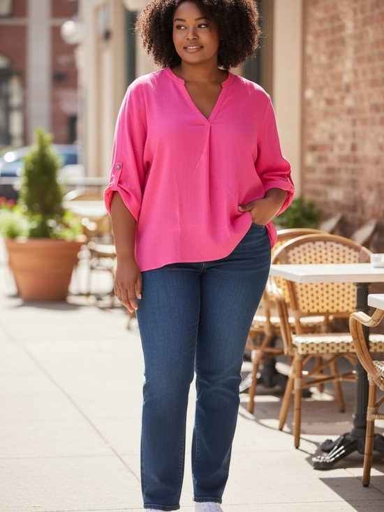 ANDREE BY UNIT Tops - ANDRÉE BY UNIT Hot Pink V-Neck Roll Sleevw Top
